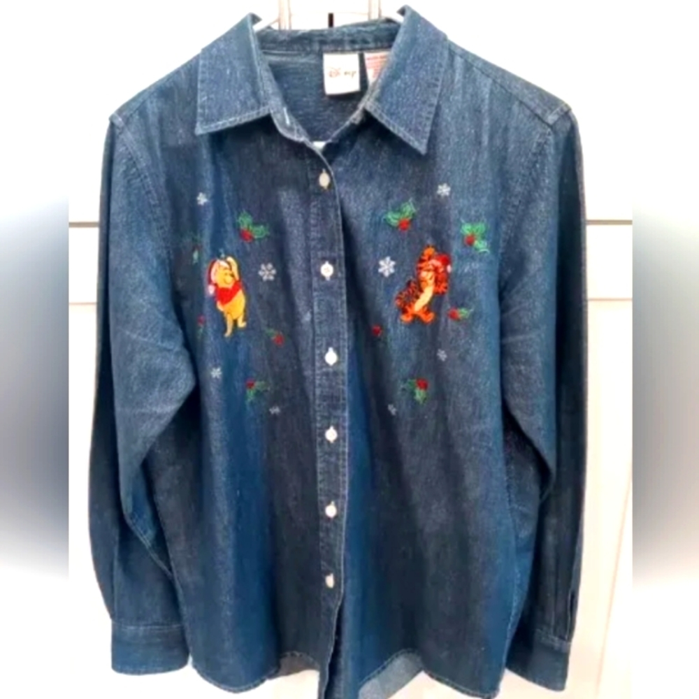Vtg Size M Winnie the Pooh Tigger Christmas Button Down Sparkly Long Sleeve